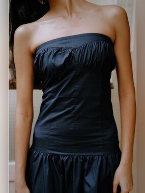 Strapless Navy Gathered Bodice Midi Dress